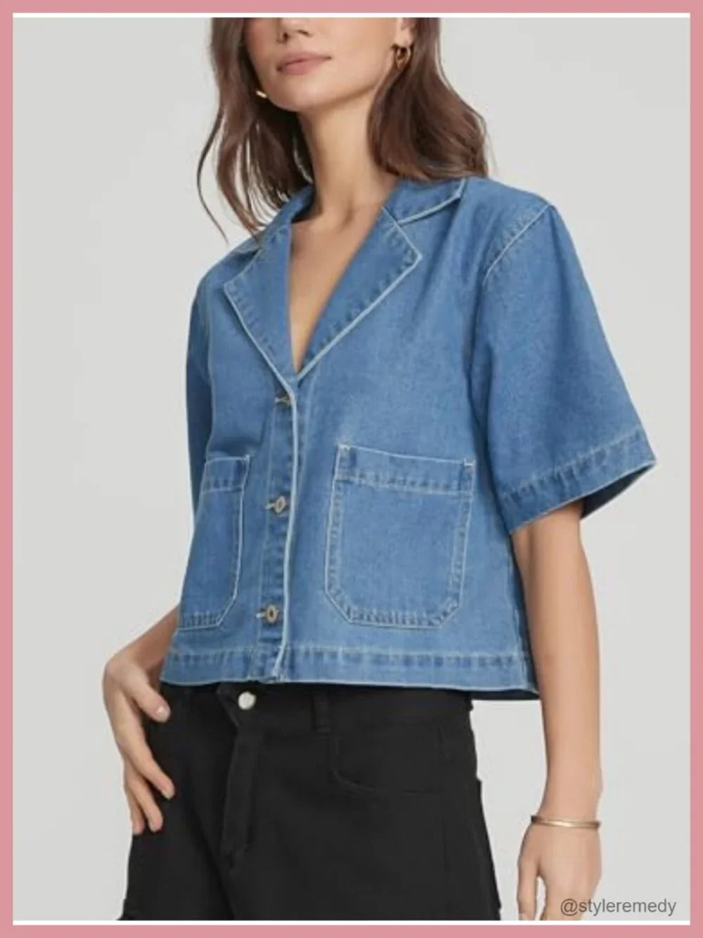 Cropped Denim Jacket Short Sleeve Boxy Button Front Jean Shirt for Women